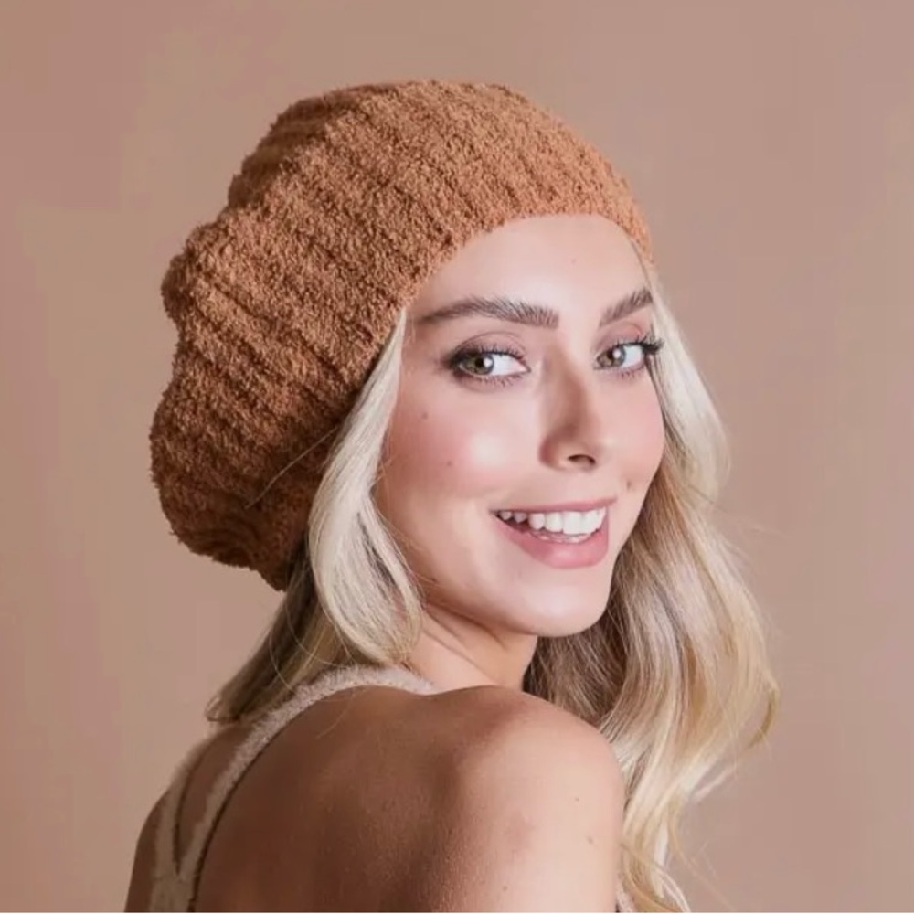 Beret Boucle Rib Knit Camel Cozy Tan Knit NWT